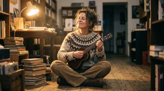 Adult beginner woman playing concert ukulele in a warmly lit bookshop, eyes closed, blissful smile - concert ukulele guide for beginners