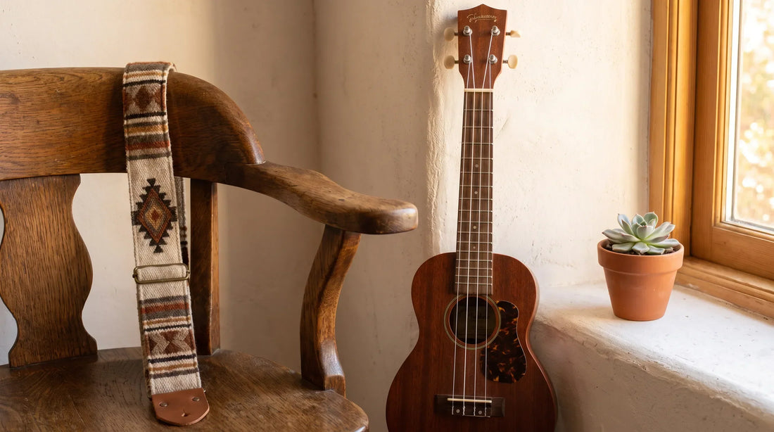 Handwoven ukulele strap draped over a vintage chair next to a soprano ukulele, beginner guide to ukulele straps