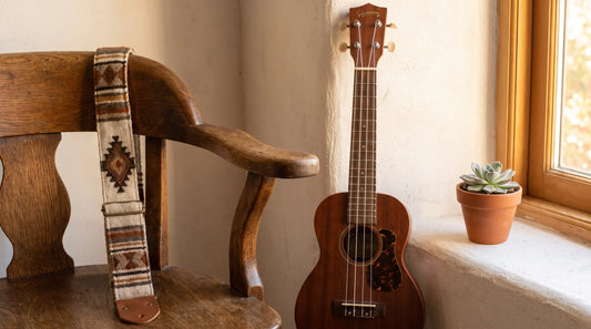 Handwoven ukulele strap draped over a vintage chair next to a soprano ukulele, beginner guide to ukulele straps