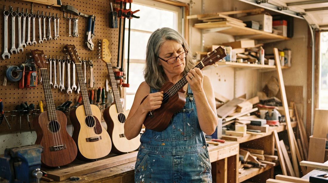 Woman in overalls inspecting ukulele headstock label in a workshop, three soprano ukuleles of different brands leaning on the wall behind her, ukulele brands guide for beginners
