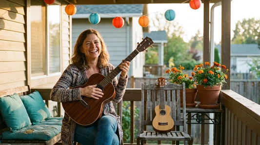 Adult beginner woman with warm smile holding a baritone ukulele on a sunlit porch, comparing its larger size to a soprano nearby, baritone ukulele guide