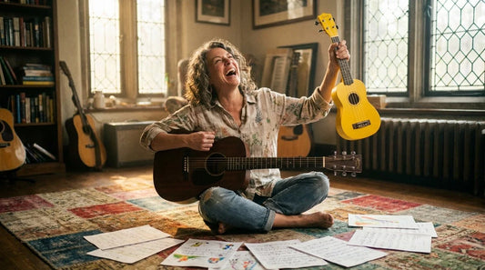 Adult beginner woman with bright smile holding both a guitar and a soprano ukulele side by side in a sunlit music room, comparing the two instruments
