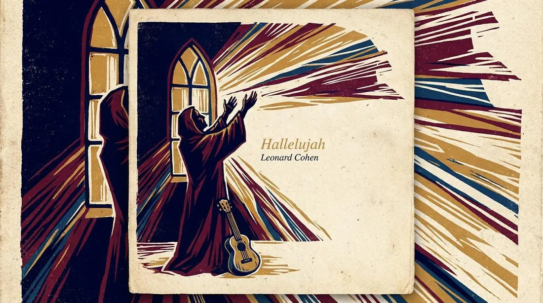 Vintage 1980s folk gospel concert poster illustration, Hallelujah, Leonard Cohen