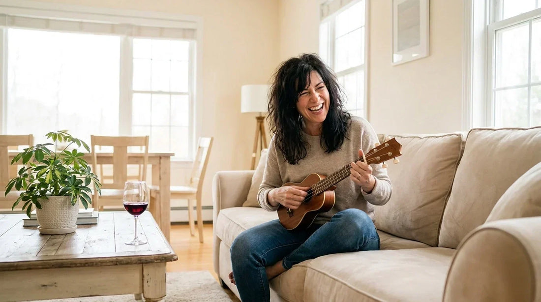 Woman laughing with surprise playing ukulele for the first time, ukulele beginner adult