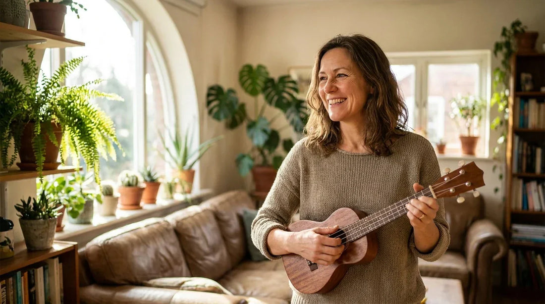 Left-handed adult learning ukulele in standard orientation, beginner lesson