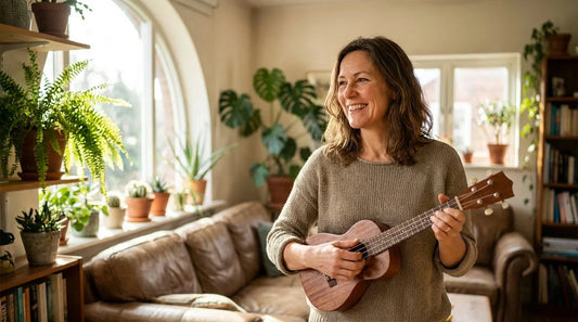 Left-handed adult learning ukulele in standard orientation, beginner lesson