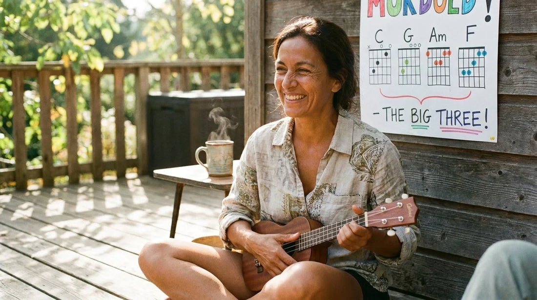 Adult beginner woman sitting on garden terrace at golden hour playing soprano ukulele with chord diagrams notebook beside her, ukulele chord progressions guide