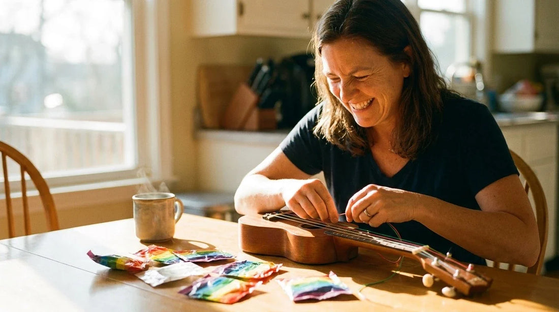 Adult beginner woman with bright smile changing ukulele strings on a sunlit kitchen table, colorful string packets scattered around, ukulele strings guide