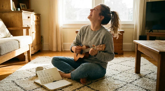 Woman in her 50s playing soprano ukulele at home, learning ukulele as an adult