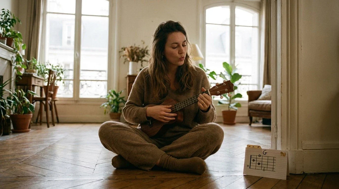Adult woman following beginner uke lesson, learning ukulele from scratch at home