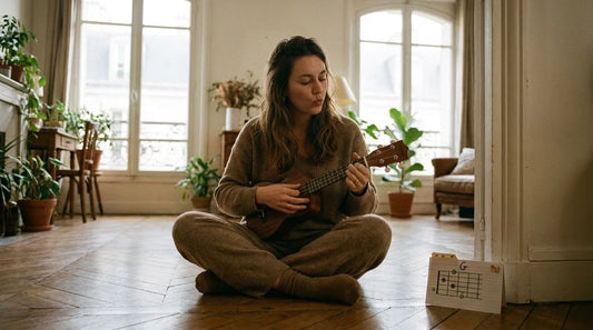 Adult woman following beginner uke lesson, learning ukulele from scratch at home