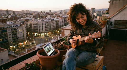 Adult woman following online ukulele lesson on laptop, soprano ukulele in hands, learning at home