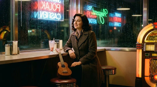 Woman playing soprano ukulele in a vintage 1960s American diner at night, Can't Help Falling in Love atmosphere