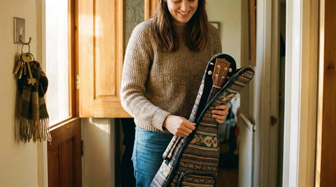 Adult beginner woman zipping up a ukulele gig bag in a cozy hallway before heading out, soprano ukulele peeking out, ukulele case guide for beginners
