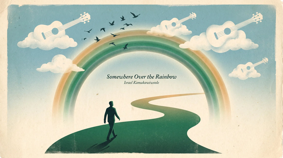 Somewhere Over the Rainbow ukulele chords - vintage surrealist illustration, Israel Kamakawiwoole