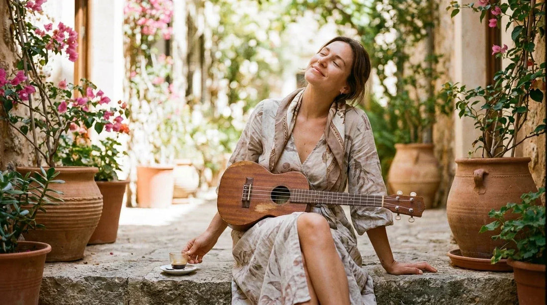 Adult woman playing soprano ukulele outdoors, easiest instrument for adult beginners