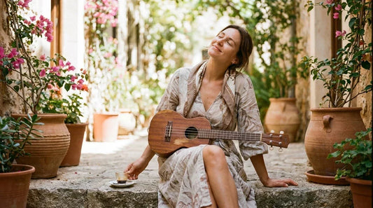 Adult woman playing soprano ukulele outdoors, easiest instrument for adult beginners