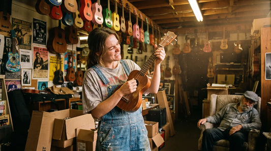 Adult woman holding soprano ukulele in a chaotic vintage music shop, comparing two instruments — best ukulele for beginners buying guide