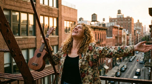 Adult woman playing soprano ukulele confidently for the first time, beginner learning how to play
