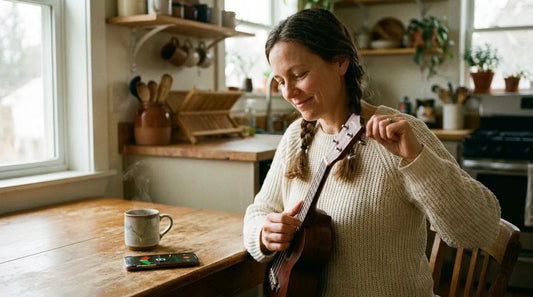 Adult woman tuning soprano ukulele with phone app, beginner ukulele setup