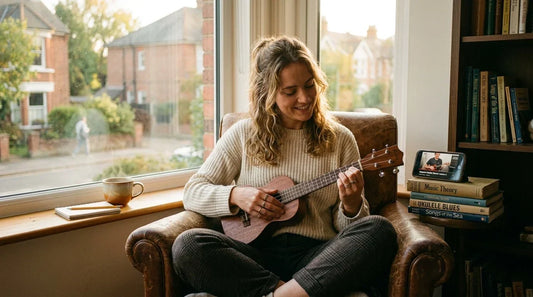 Adult woman taking online ukulele lesson at home, soprano ukulele in lap, laptop open, relaxed home setting