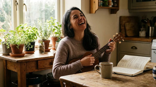 Adult woman looking at a soprano ukulele for the first time, ready to learn