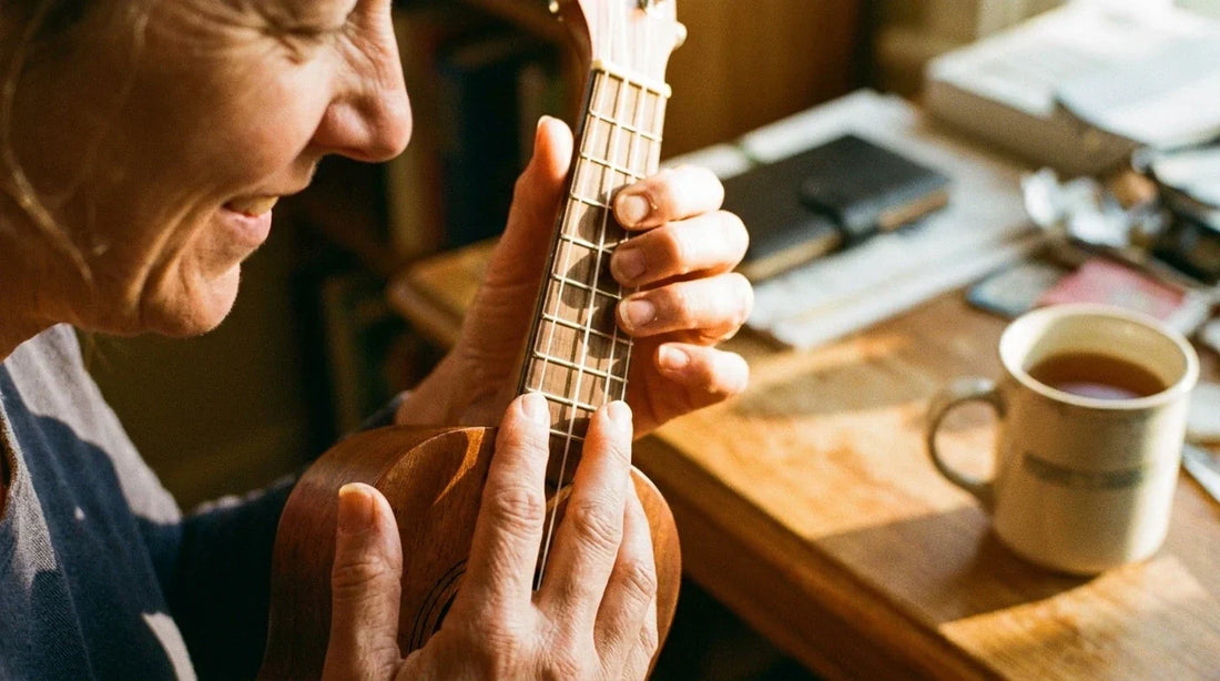 Adult hands forming ukulele chord on soprano ukulele, beginner learning chords