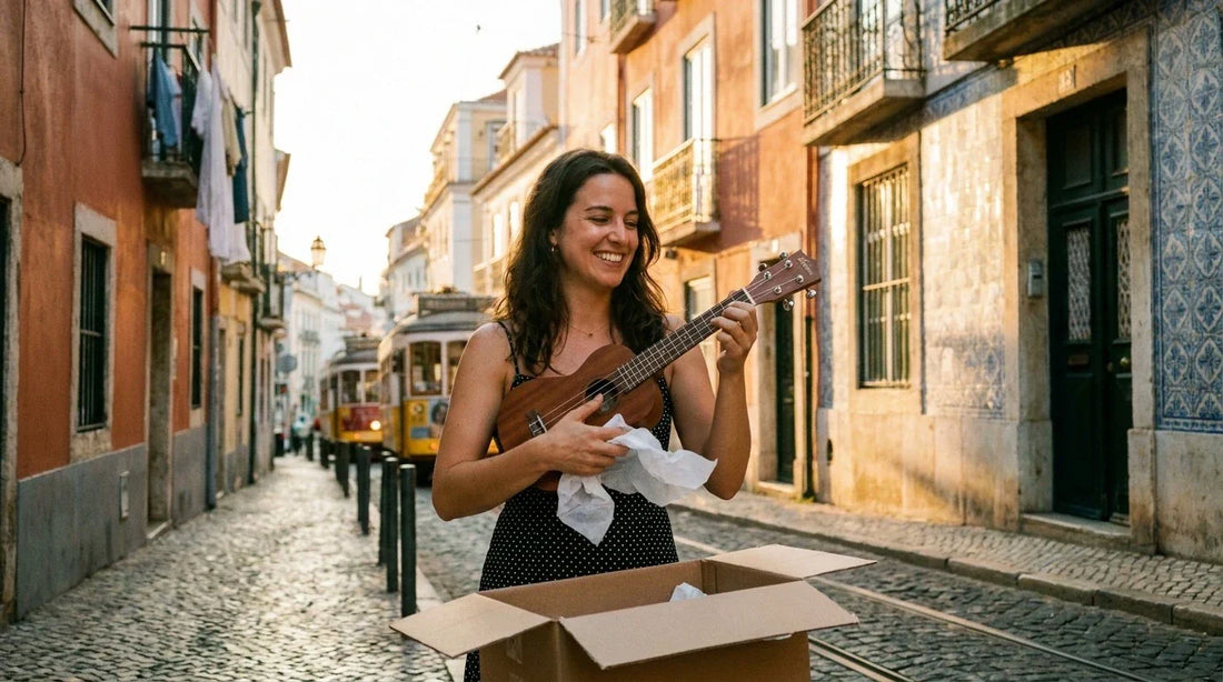 Adult woman unboxing soprano ukulele for the first time, complete beginner starting out