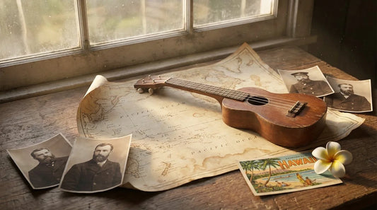 Vintage photograph style image evoking 1879 Hawaii, ukulele history, Portuguese immigrant musicians