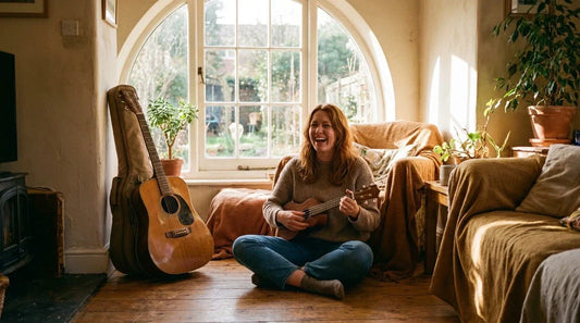 Adult woman choosing between ukulele and guitar, beginner instrument comparison